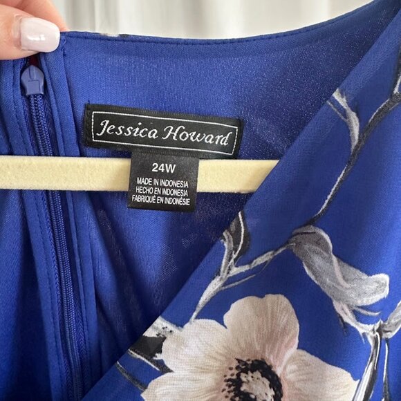 Jessica Howard Women's Plus 24W Blue Floral Faux Wrap Dress with Ruffle - Picture 7 of 13